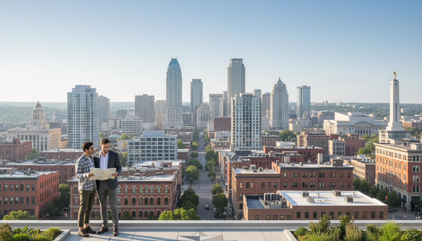 Kansas City skyline overlooking downtown neighborhoods with real estate investors reviewing property locations