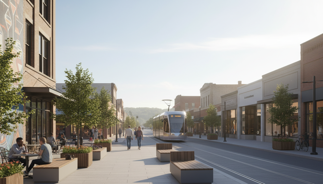 Downtown Blue Springs revitalization with walkable streets, shops, and new residential development