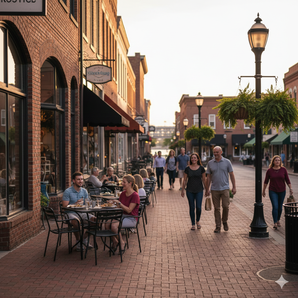 Historic Downtown Parkville Missouri featuring walkable brick streets, outdoor dining patios, locally owned shops, evening foot traffic, and a vibrant community atmosphere near the riverfront