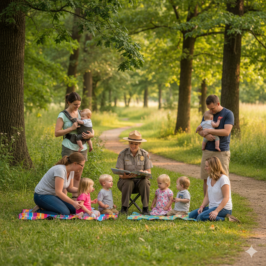 Families with young children attend a Prairie Oak Nature Center event at Ironwoods Park in Leawood, KS, enjoying an outdoor nature storytime led by a park ranger along a wooded trail. Families with young children attend a Prairie Oak Nature Center event at Ironwoods Park in Leawood, KS, enjoying an outdoor nature storytime led by a park ranger along a wooded trail.