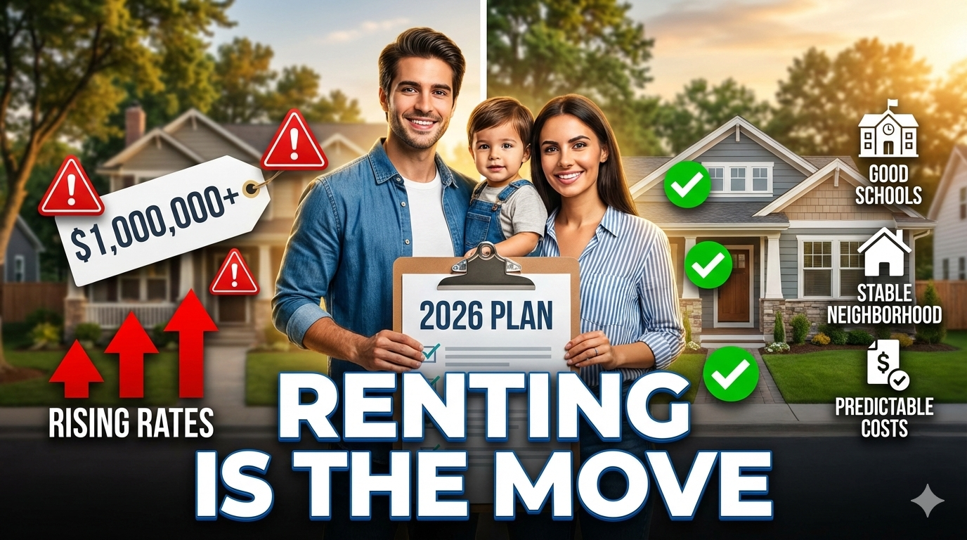 Family standing in front of a single-family home holding a “2026 plan” clipboard with graphics showing rising interest rates and benefits of renting, highlighting why renting a stable home in Parkville MO offers predictable costs and good schools.