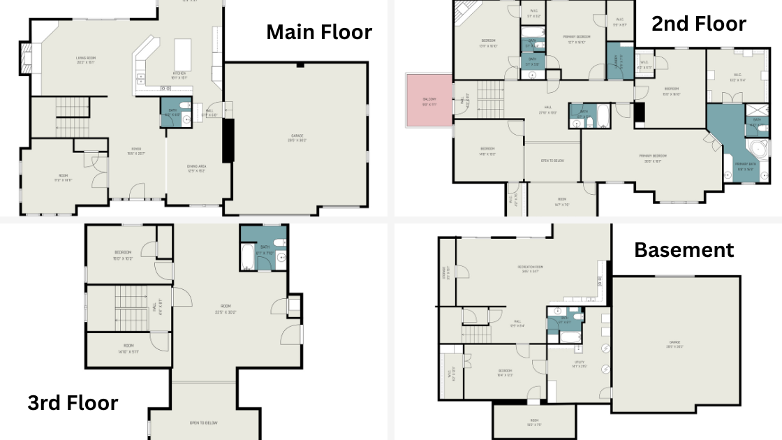Floor plan layout of a 20-acre Platte County multi-generational home showing main floor, second floor, third floor, and basement living areas in the Kansas City Northland