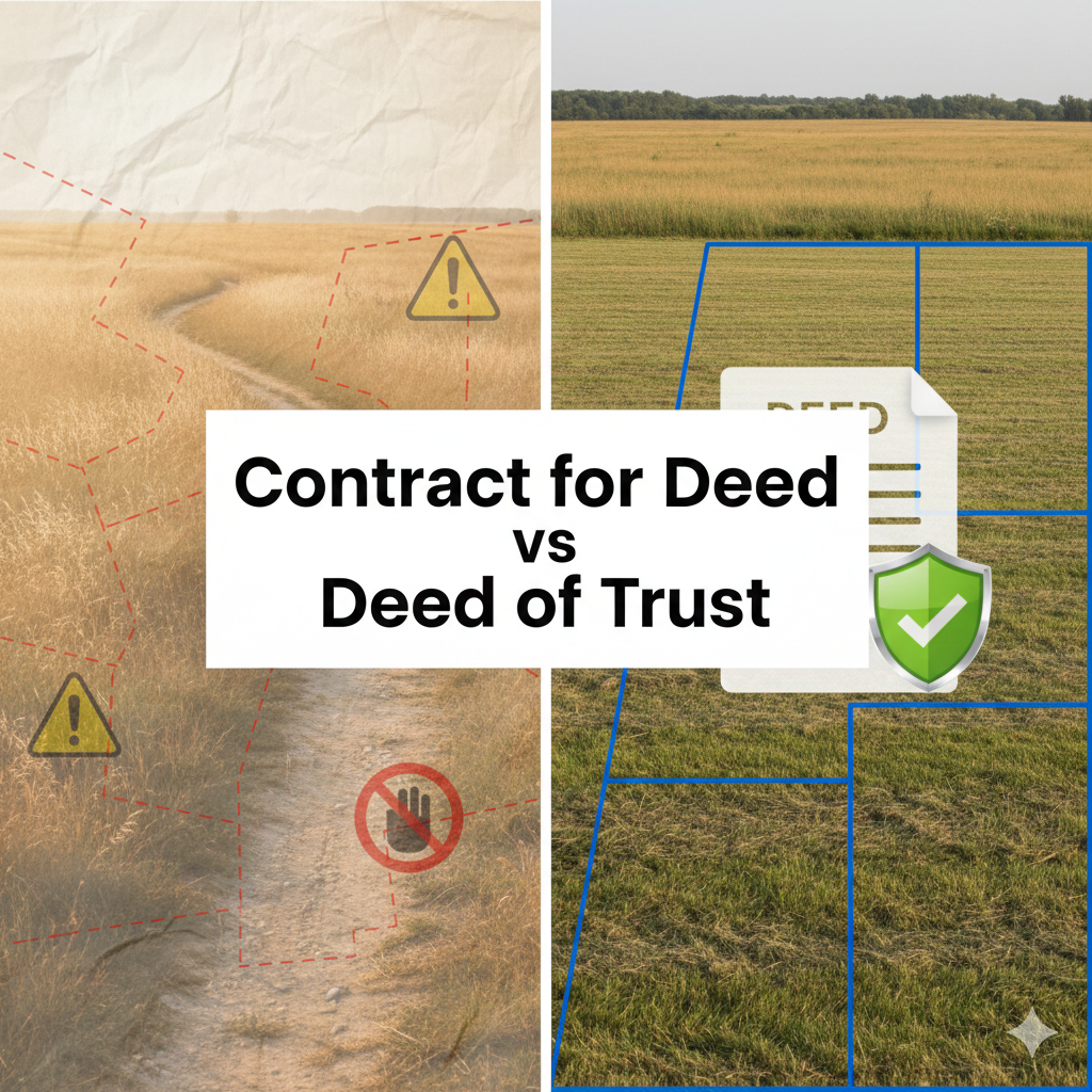 Split image comparing contract for deed versus deed of trust for Missouri land, showing uncertain rural land boundaries on one side and secured titled land with clear parcel lines on the other.