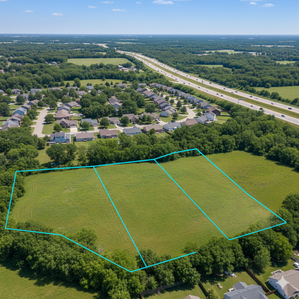 Kearney Missouri acreage near established neighborhoods and highway access, showing parcel boundaries and prime Clay County land opportunities aligned with strong schools, privacy, and long-term resale value.
