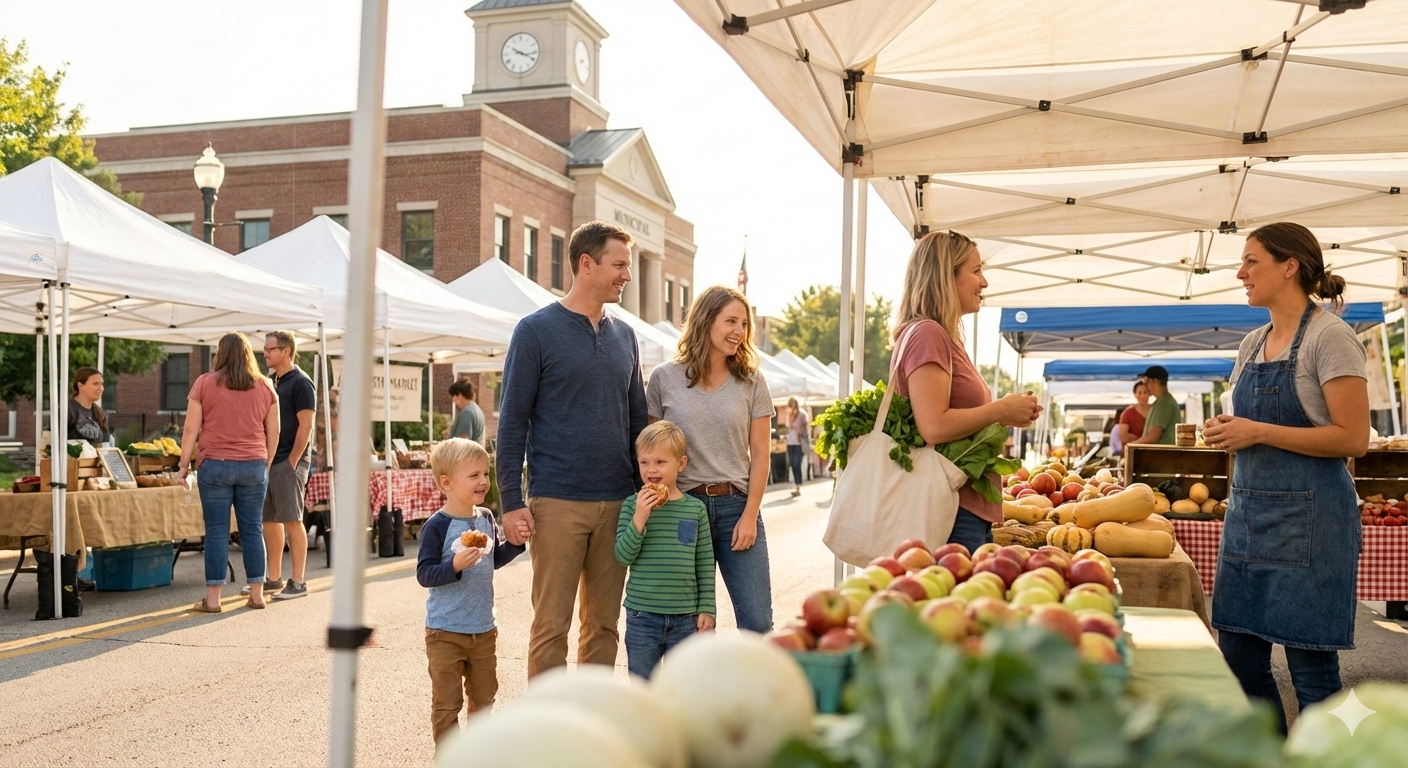 Families shopping at the Shawnee Kansas farmers market on a Saturday morning near City Hall, browsing fresh produce from downtown Shawnee vendors in a walkable community setting