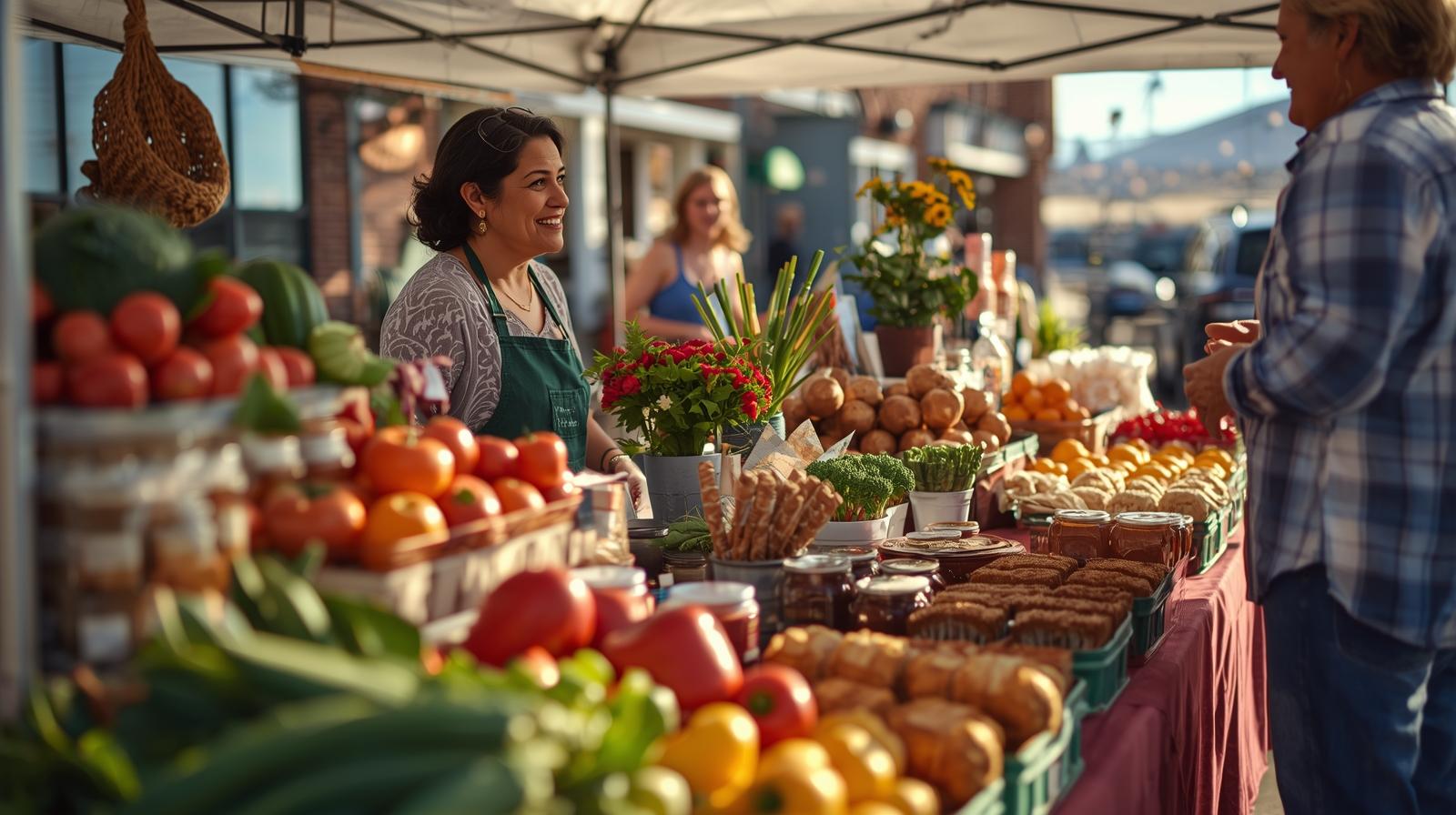 Downtown Shawnee fresh produce vendor at the Shawnee Kansas farmers market displaying local fruits, baked goods, honey, and artisan items while interacting with a shopper