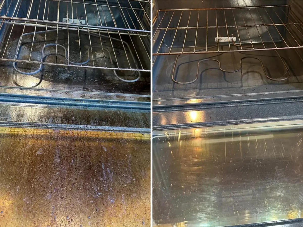 alt="Before and after comparison of a greasy oven interior being professionally deep cleaned to a like-new state."