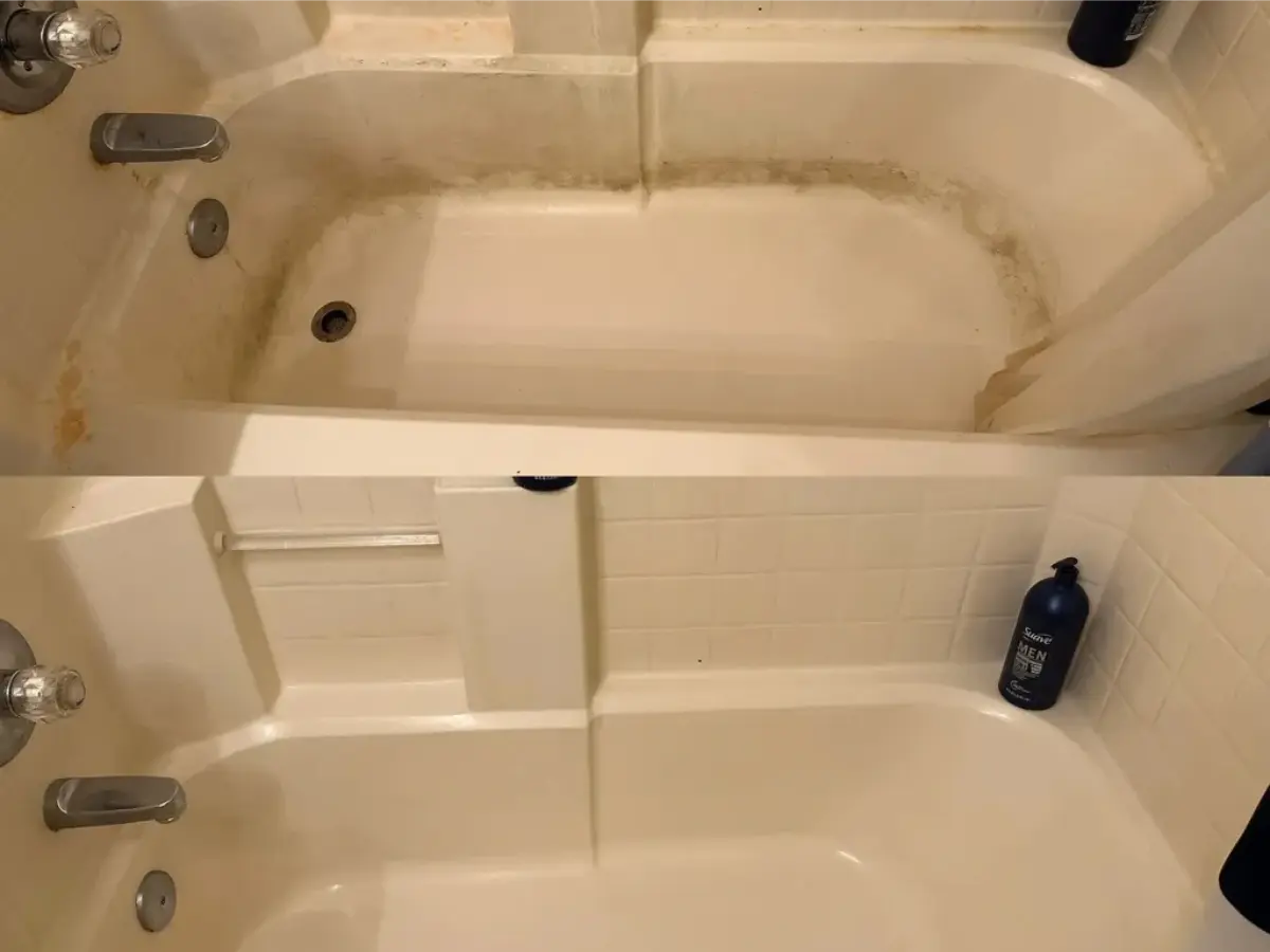 alt="Before and after of a bathtub with heavy soap scum and grime rings being restored to a sparkling white finish."