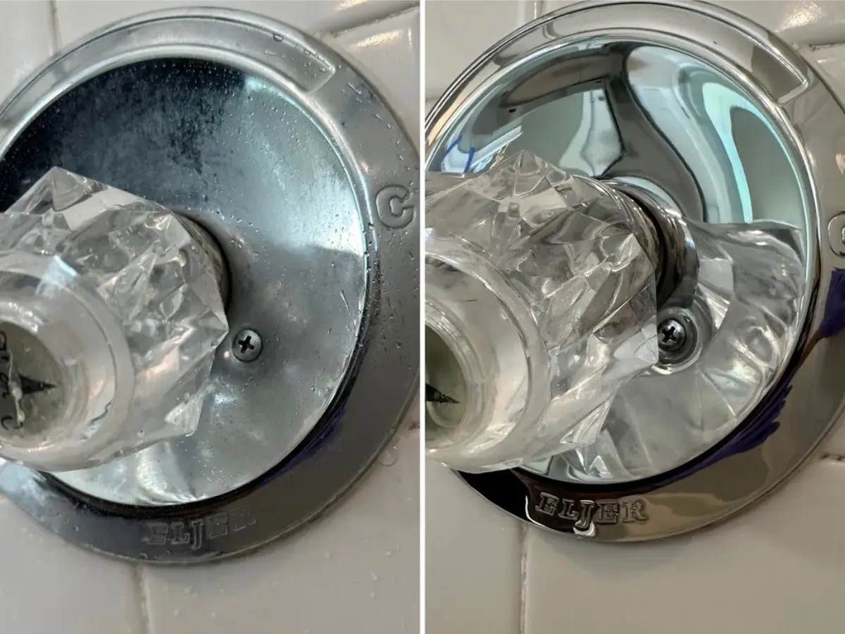alt="Before and after comparison of a chrome shower faucet with hard water stains polished to a brilliant, reflective shine."