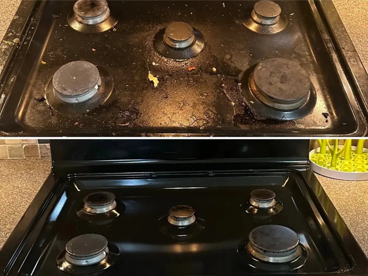 alt="Before and after comparison of a greasy gas stovetop being deep cleaned to a like-new condition by our Maryland team."