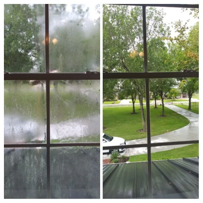 Before and after comparison of window cleaning services showing a dirty, streaked window transformed into crystal clear glass