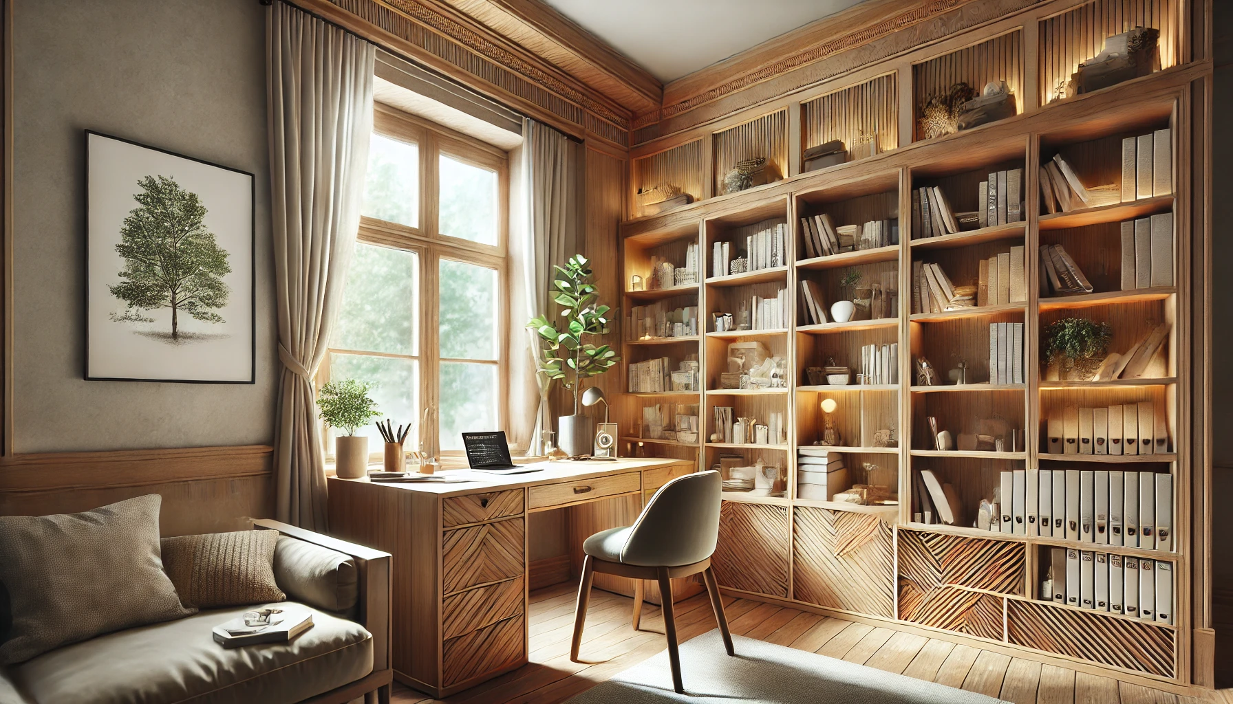 A cozy study room with custom wooden furniture and a warm, inviting atmosphere. A cozy study room with custom wooden furniture and a warm, inviting atmosphere.