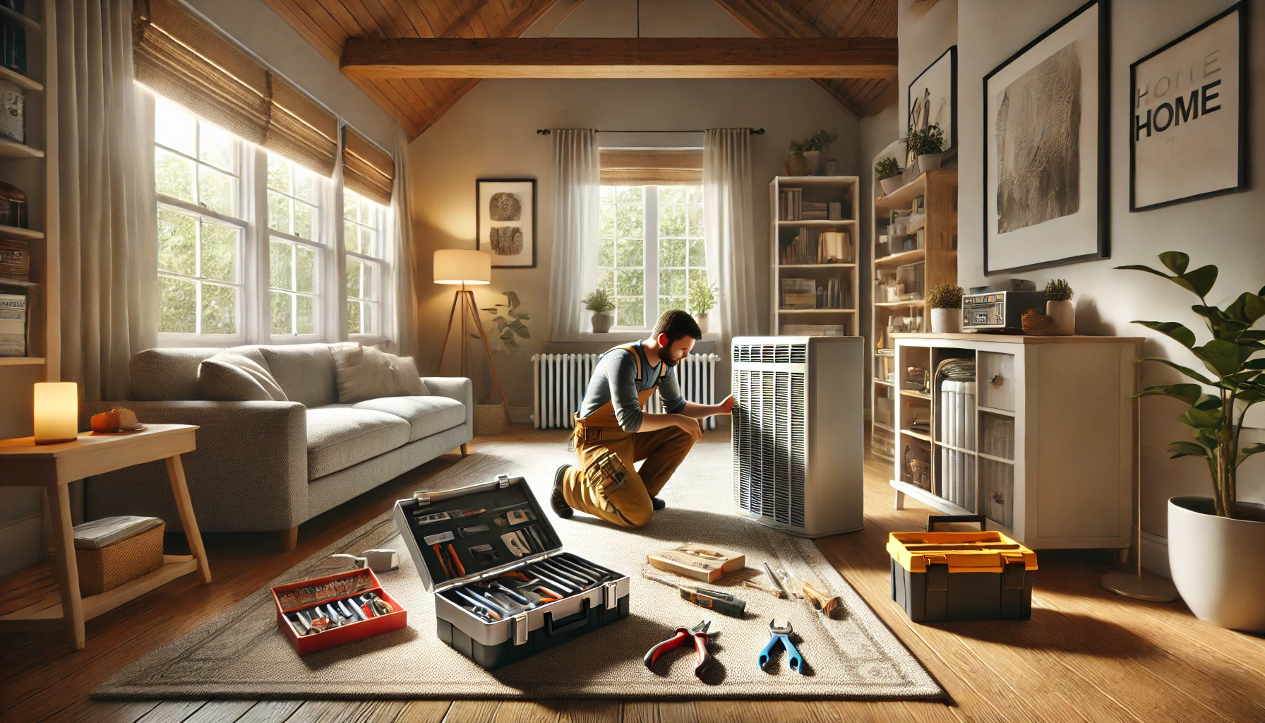 image depicting regular home maintenance. The scene shows a homeowner checking a furnace filter, with tools and a toolbox nearby in a cozy, well-lit living space. image depicting regular home maintenance. The scene shows a homeowner checking a furnace filter, with tools and a toolbox nearby in a cozy, well-lit living space.