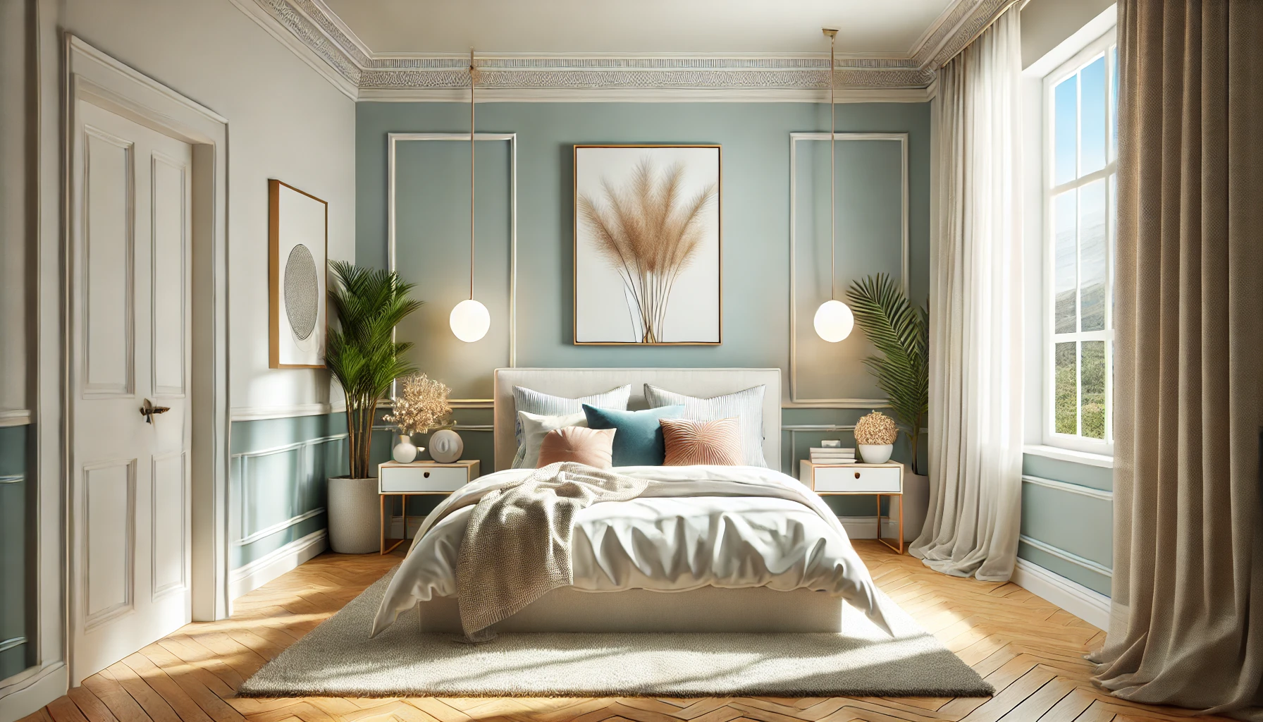 a bedroom with a paint refresh and updated decor. The light blue walls, modern decor, and cozy elements create a serene and inviting atmosphere a bedroom with a paint refresh and updated decor. The light blue walls, modern decor, and cozy elements create a serene and inviting atmosphere