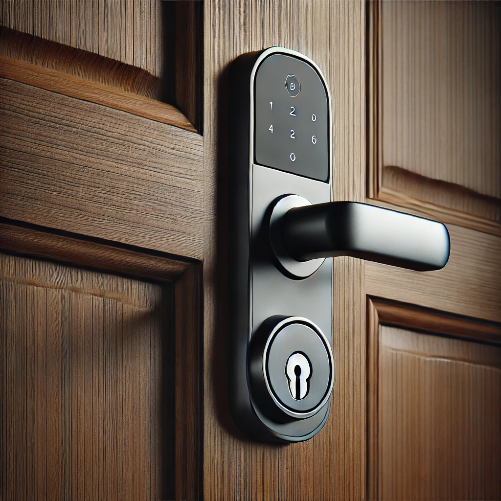 an image showcasing a modern and secure front door handle. The sleek matte black design with a built-in smart lock and keypad offers a stylish and contemporary aesthetic. an image showcasing a modern and secure front door handle. The sleek matte black design with a built-in smart lock and keypad offers a stylish and contemporary aesthetic.