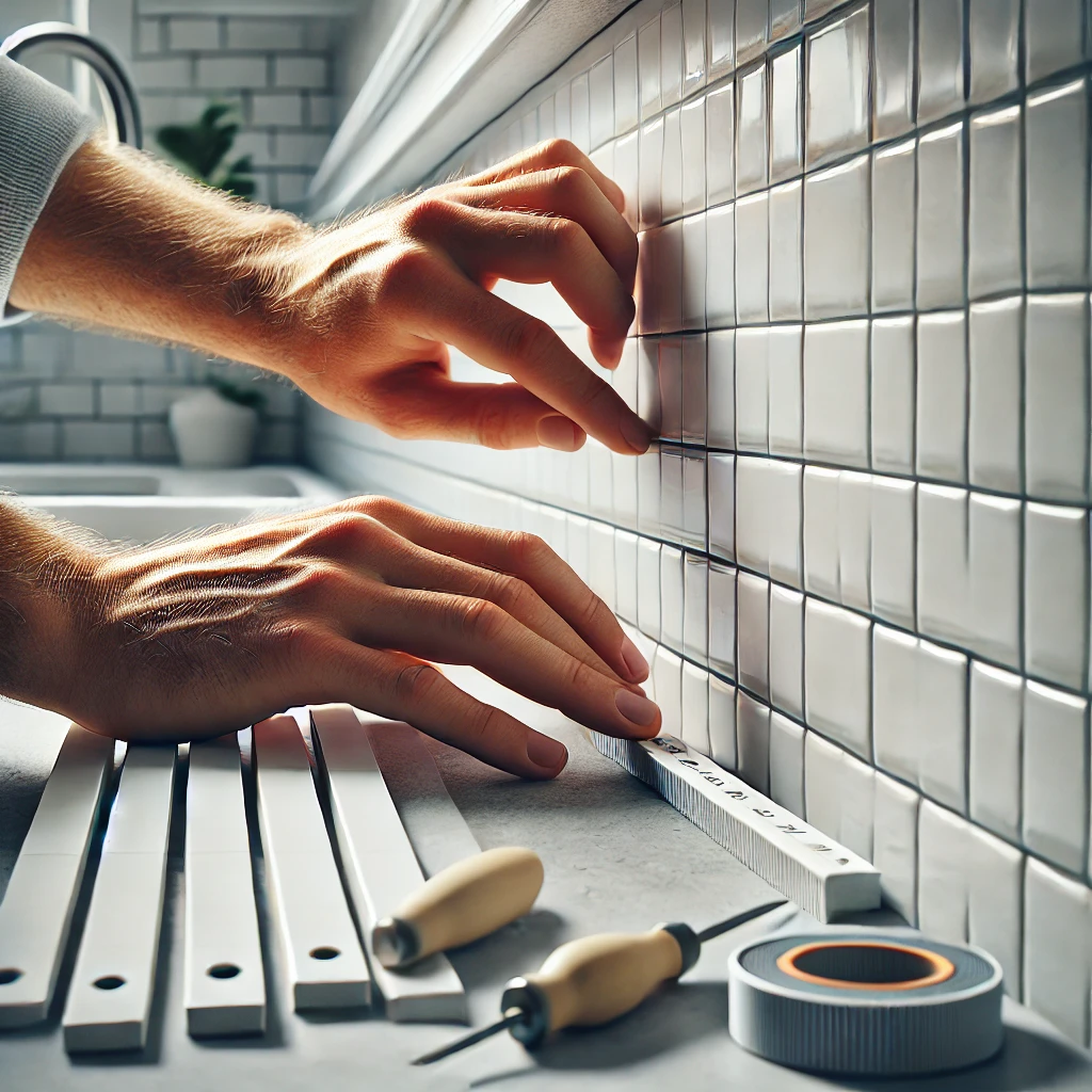close-up image focusing on hands installing a backsplash, carefully aligning white subway tiles with spacers for precision. close-up image focusing on hands installing a backsplash, carefully aligning white subway tiles with spacers for precision.
