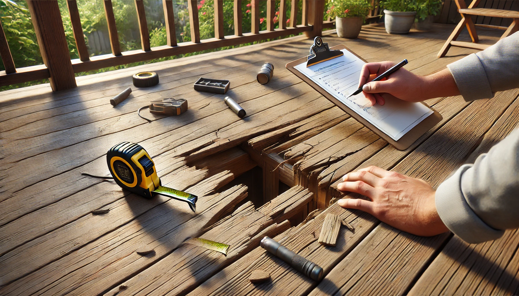 a damaged wooden deck being inspected, showing hands holding a clipboard and pointing to a cracked deck board. a damaged wooden deck being inspected, showing hands holding a clipboard and pointing to a cracked deck board.
