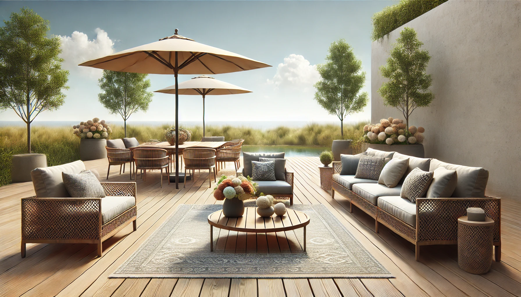 image of a deck with new outdoor furniture featuring a completely flat background with a neutral horizon line and a clear blue sky. image of a deck with new outdoor furniture featuring a completely flat background with a neutral horizon line and a clear blue sky.