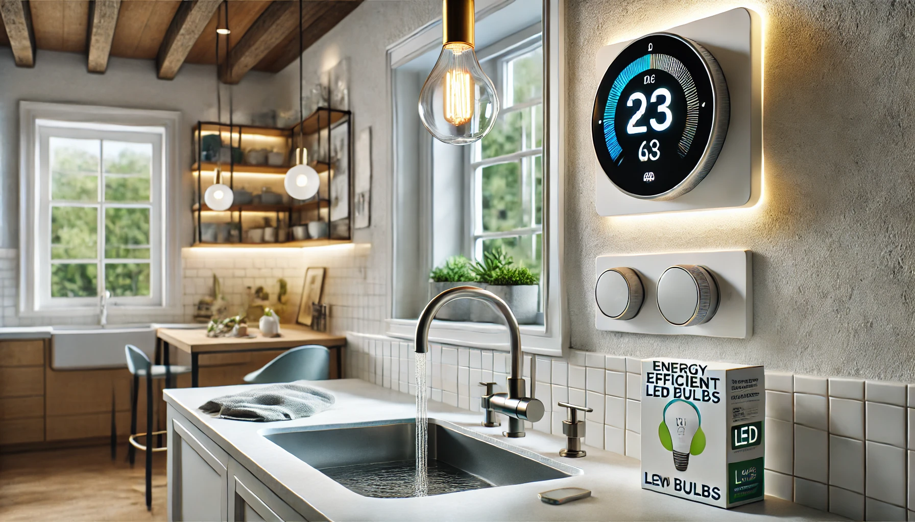 image featuring energy-efficient home upgrades, including a modern LED ceiling light, a low-flow faucet, and a prominently displayed smart thermostat showing energy savings. The eco-friendly design emphasizes sustainability in a stylish, minimalist setting. image featuring energy-efficient home upgrades, including a modern LED ceiling light, a low-flow faucet, and a prominently displayed smart thermostat showing energy savings. The eco-friendly design emphasizes sustainability in a stylish, minimalist setting.