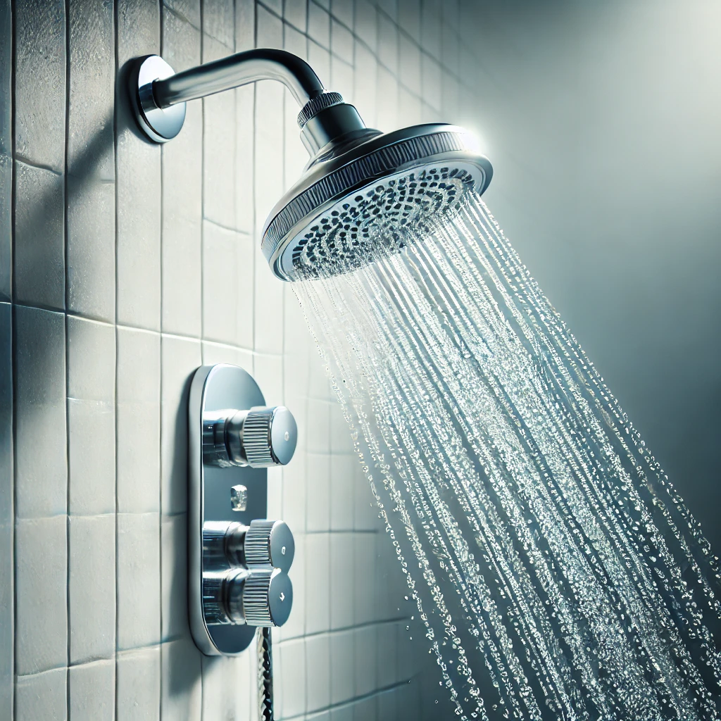 image of a modern showerhead running water, with a sleek chrome design and fine droplets spraying from the adjustable nozzles. The clean white tile background and natural lighting create a refreshing and functional atmosphere.