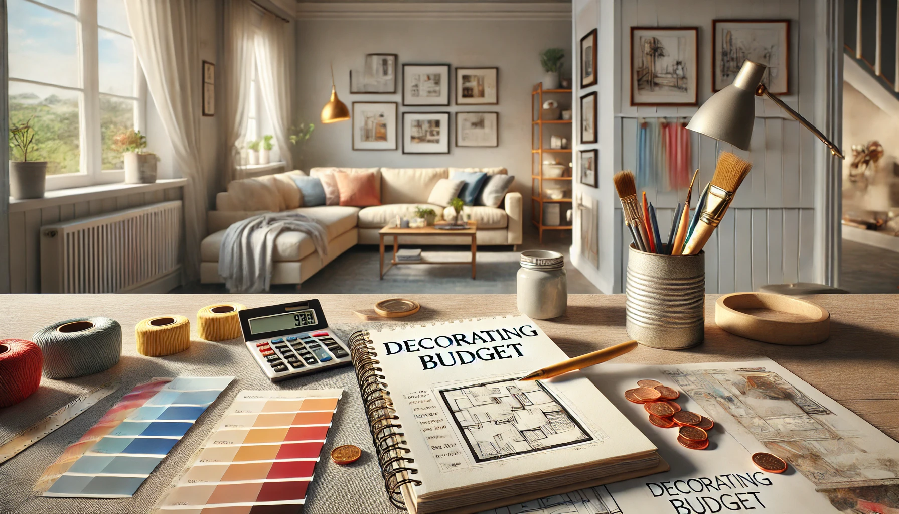 image representing a decorating budget, featuring a workspace with a notebook labeled "Decorating Budget," color swatches, a calculator, and tools like a paintbrush and tape measure. The cozy living room in the background adds inspiration for affordable and thoughtful design. image representing a decorating budget, featuring a workspace with a notebook labeled "Decorating Budget," color swatches, a calculator, and tools like a paintbrush and tape measure. The cozy living room in the background adds inspiration for affordable and thoughtful design.