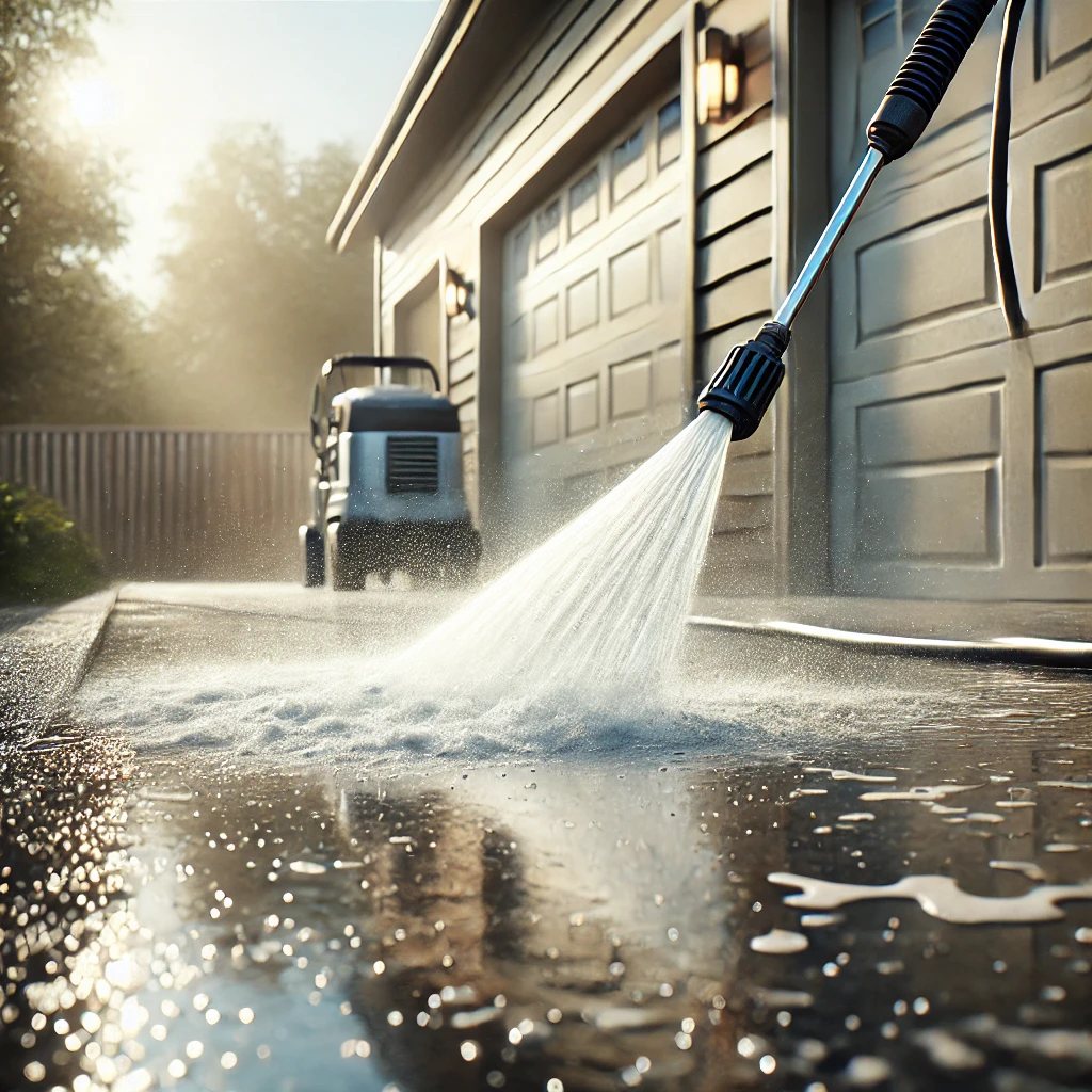 a close-up image focusing on the water spray from a high-powered pressure washer, emphasizing the removal of dirt and grime in real-time. The detailed spray pattern and reflections highlight the effectiveness of pressure washing. a close-up image focusing on the water spray from a high-powered pressure washer, emphasizing the removal of dirt and grime in real-time. The detailed spray pattern and reflections highlight the effectiveness of pressure washing.