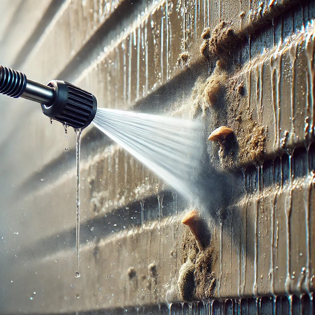 a close-up image focusing on the removal of exterior mold, showing a pressure washer nozzle spraying water onto a heavily stained section of siding. The dramatic before-and-after effect highlights the cleaning process in real-time. a close-up image focusing on the removal of exterior mold, showing a pressure washer nozzle spraying water onto a heavily stained section of siding. The dramatic before-and-after effect highlights the cleaning process in real-time.