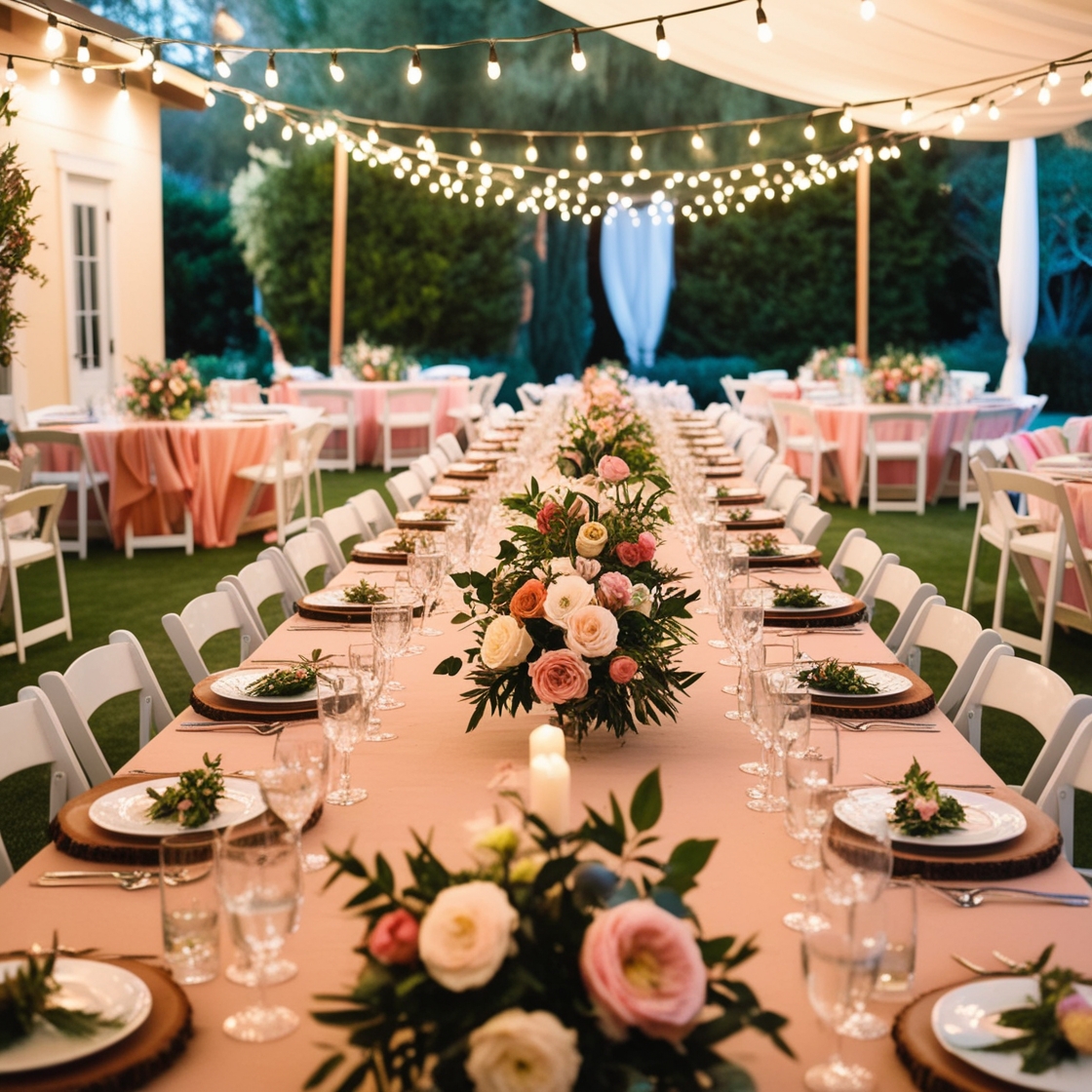 A beautifully decorated outdoor event space featuring long tables with floral centerpieces, string lights overhead, and guests enjoying a sunny spring afternoon. The atmosphere is warm and inviting, with a mix of greenery and pastel-colored decor. A beautifully decorated outdoor event space featuring long tables with floral centerpieces, string lights overhead, and guests enjoying a sunny spring afternoon. The atmosphere is warm and inviting, with a mix of greenery and pastel-colored decor.