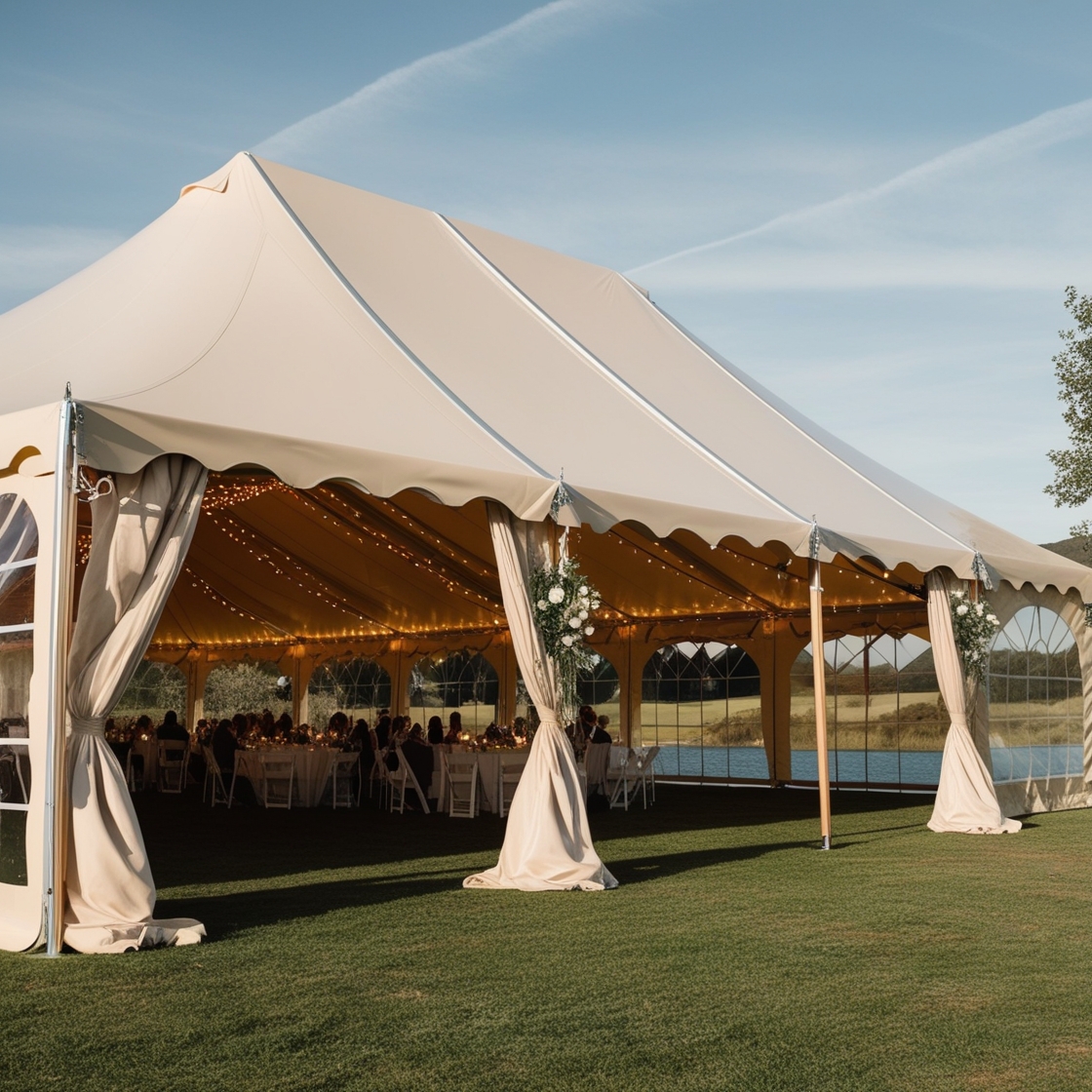 A sturdy event tent set up in a scenic outdoor location, with elegant drapery, twinkling fairy lights, and sidewalls to block wind. The tent has proper ventilation and clear panels for natural light, ensuring guests are comfortable even if the weather changes. A sturdy event tent set up in a scenic outdoor location, with elegant drapery, twinkling fairy lights, and sidewalls to block wind. The tent has proper ventilation and clear panels for natural light, ensuring guests are comfortable even if the weather changes.