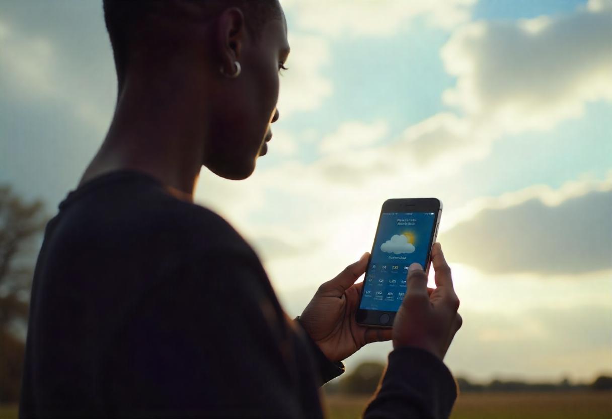 A person standing outside with a smartphone displaying a weather app, checking the forecast for an upcoming outdoor event. The sky in the background has a mix of clouds and sunlight, hinting at unpredictable spring weather. A person standing outside with a smartphone displaying a weather app, checking the forecast for an upcoming outdoor event. The sky in the background has a mix of clouds and sunlight, hinting at unpredictable spring weather.