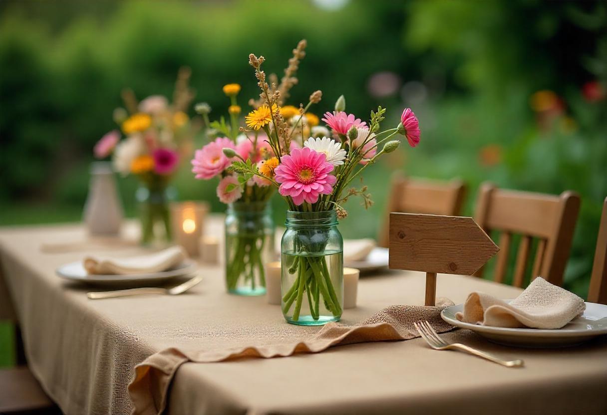 Close-up of a decorated outdoor table with weighted tablecloths, secured floral arrangements, and waterproof signs. The setup is stylish yet practical, ensuring nothing gets blown away by the wind. Close-up of a decorated outdoor table with weighted tablecloths, secured floral arrangements, and waterproof signs. The setup is stylish yet practical, ensuring nothing gets blown away by the wind.