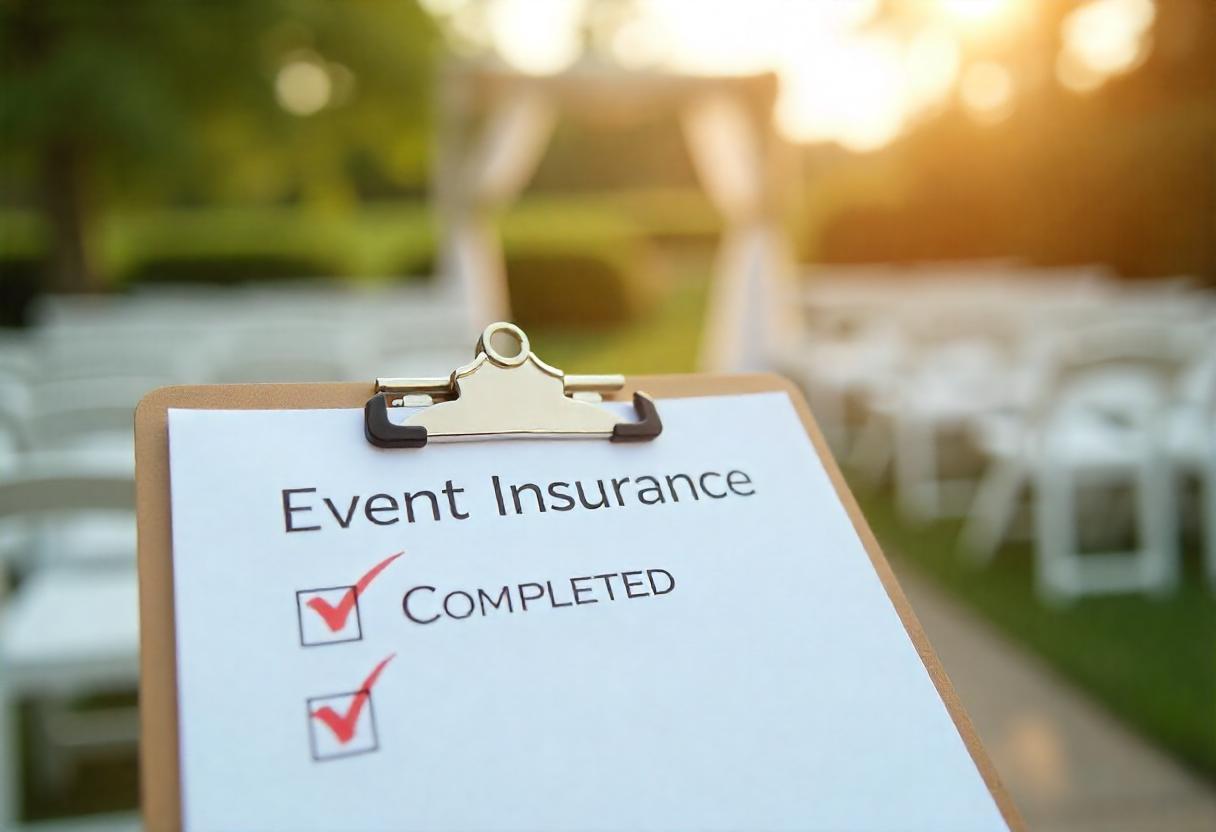 A close-up of a wedding planner’s clipboard with a checklist, highlighting "Event Insurance" marked as completed. In the background, a beautifully set outdoor event is in progress under clear skies. A close-up of a wedding planner’s clipboard with a checklist, highlighting "Event Insurance" marked as completed. In the background, a beautifully set outdoor event is in progress under clear skies.