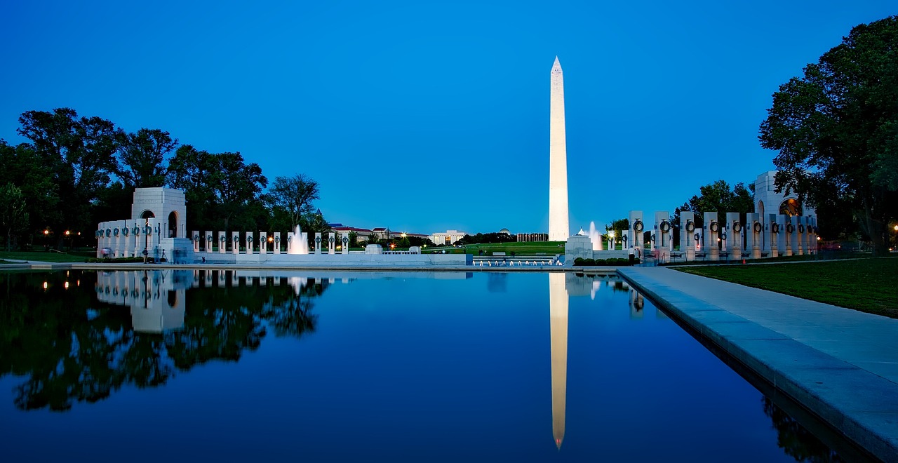 Washington DC memorial hill monument at night, view from across the water