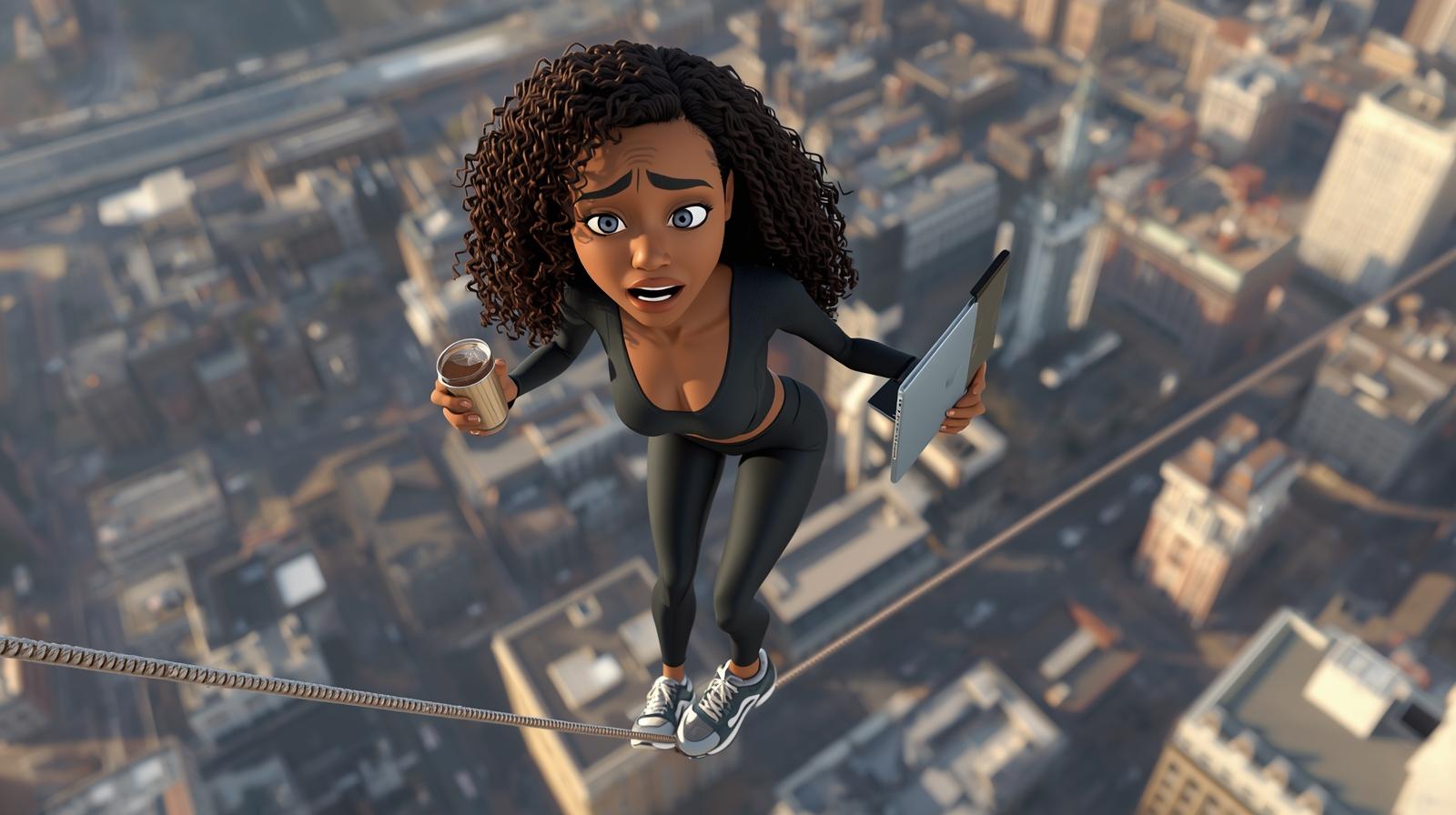 A 3D cartoon illustration of a confident Black woman in her 40s with natural curly hair, wearing modern athleisure, walking a tightrope high above a city while holding a coffee cup and laptop. The image symbolizes the impossible myth of work-life balance. A 3D cartoon illustration of a confident Black woman in her 40s with natural curly hair, wearing modern athleisure, walking a tightrope high above a city while holding a coffee cup and laptop. The image symbolizes the impossible myth of work-life balance.