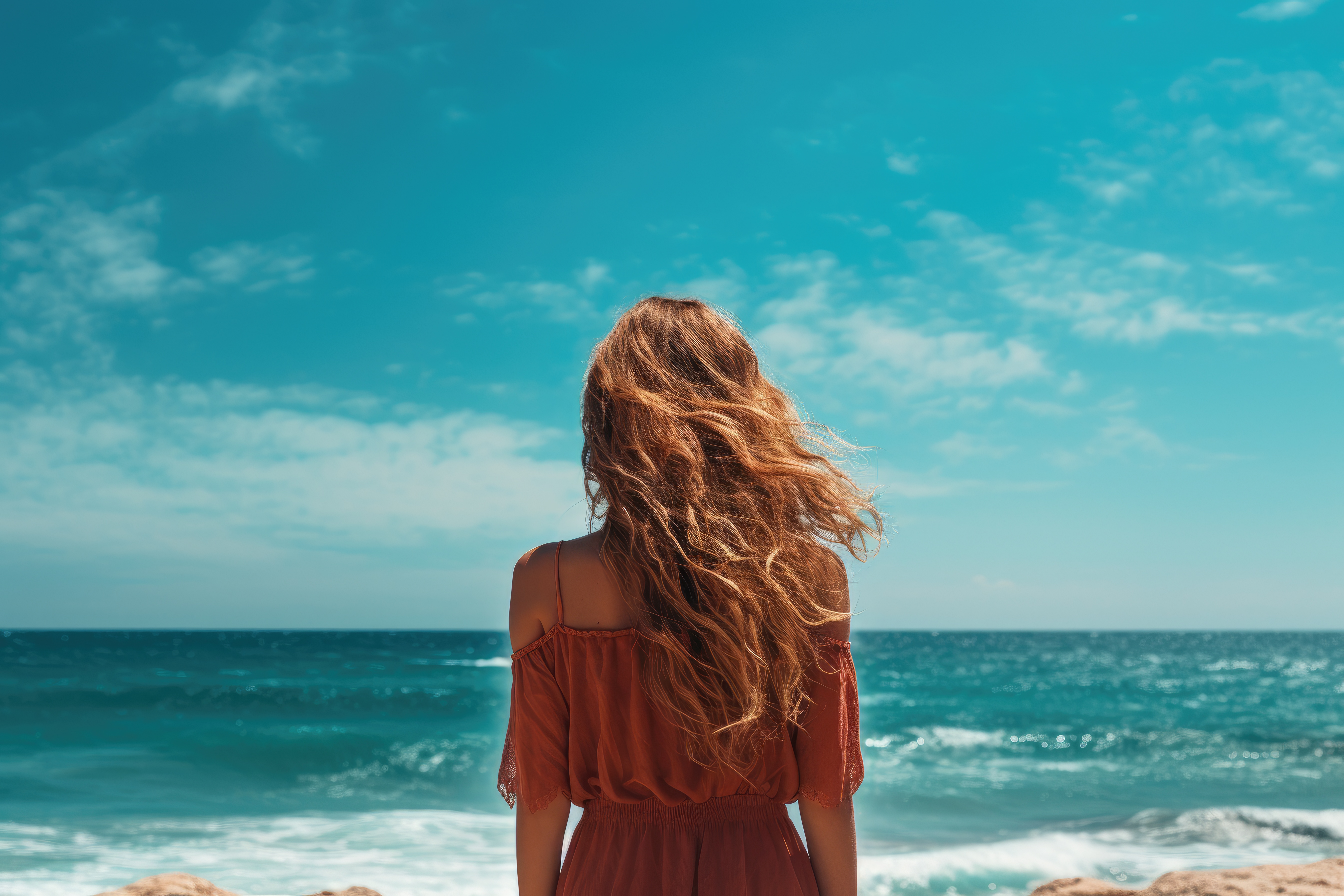 Woman in red dress facing a clear blue ocean Woman in red dress facing a clear blue ocean