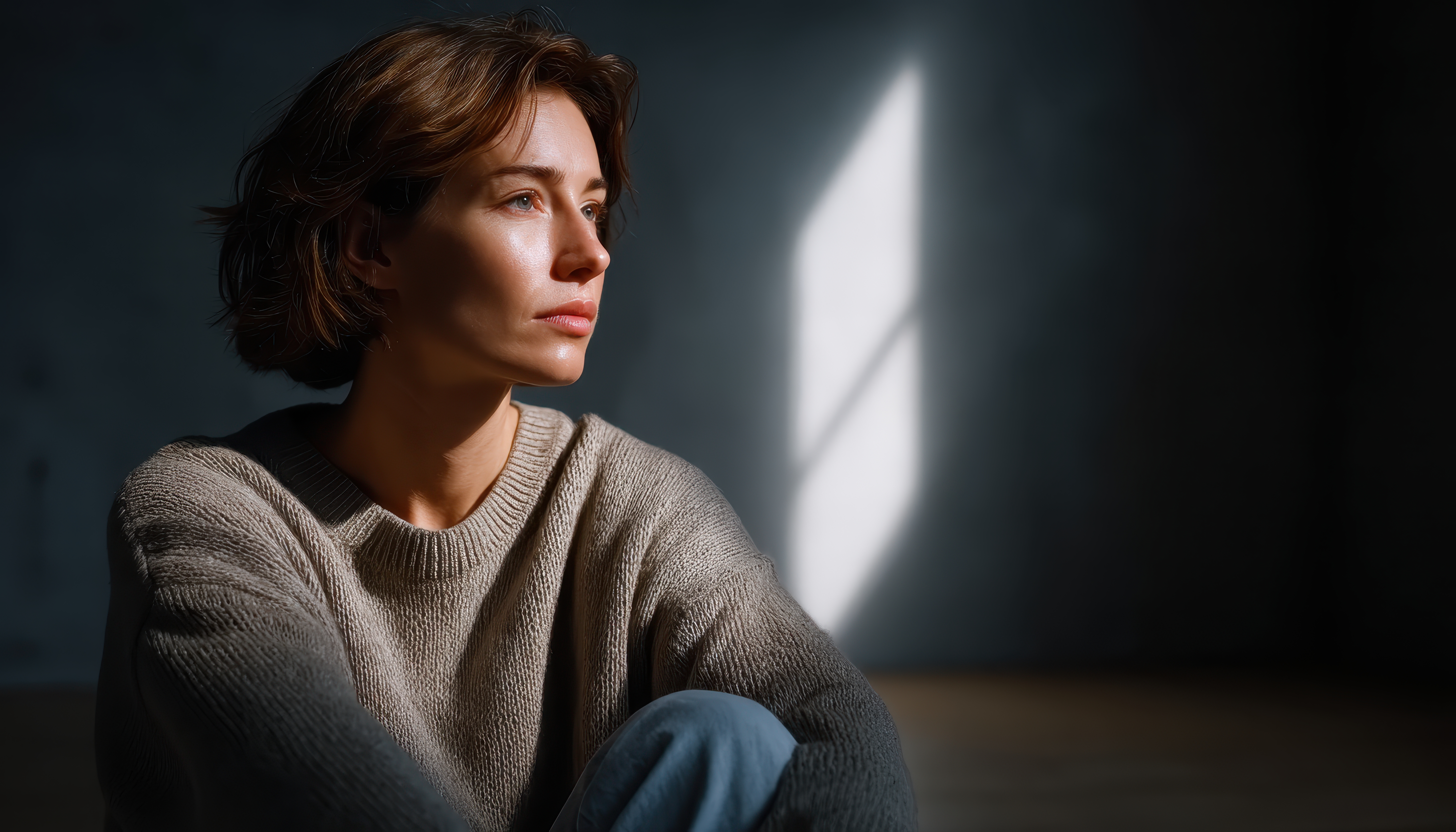 woman sitting alone in a empty dark room