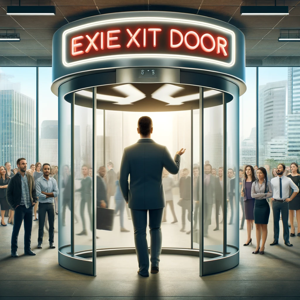 Conceptual image of a diverse group of professionals swiftly entering and exiting a revolving glass door in a modern office, symbolizing employee turnover. In the background, a confident leader gestures towards an innovative workspace, highlighted by a neon sign reading 'Time for a Culture Revolution', representing positive organizational change and leadership