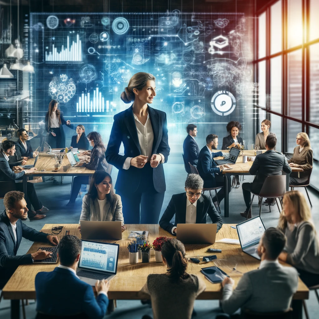 Dynamic office scene with a diverse group of entrepreneurs working collaboratively around a table filled with laptops and digital devices. In the center, a confident middle-aged Caucasian female business owner discusses strategies with her team, symbolizing a hub of innovation and strategic planning in a thriving startup environment