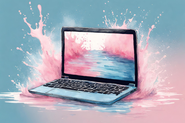 laptop oilpainting splashed in coloured water pink and blue