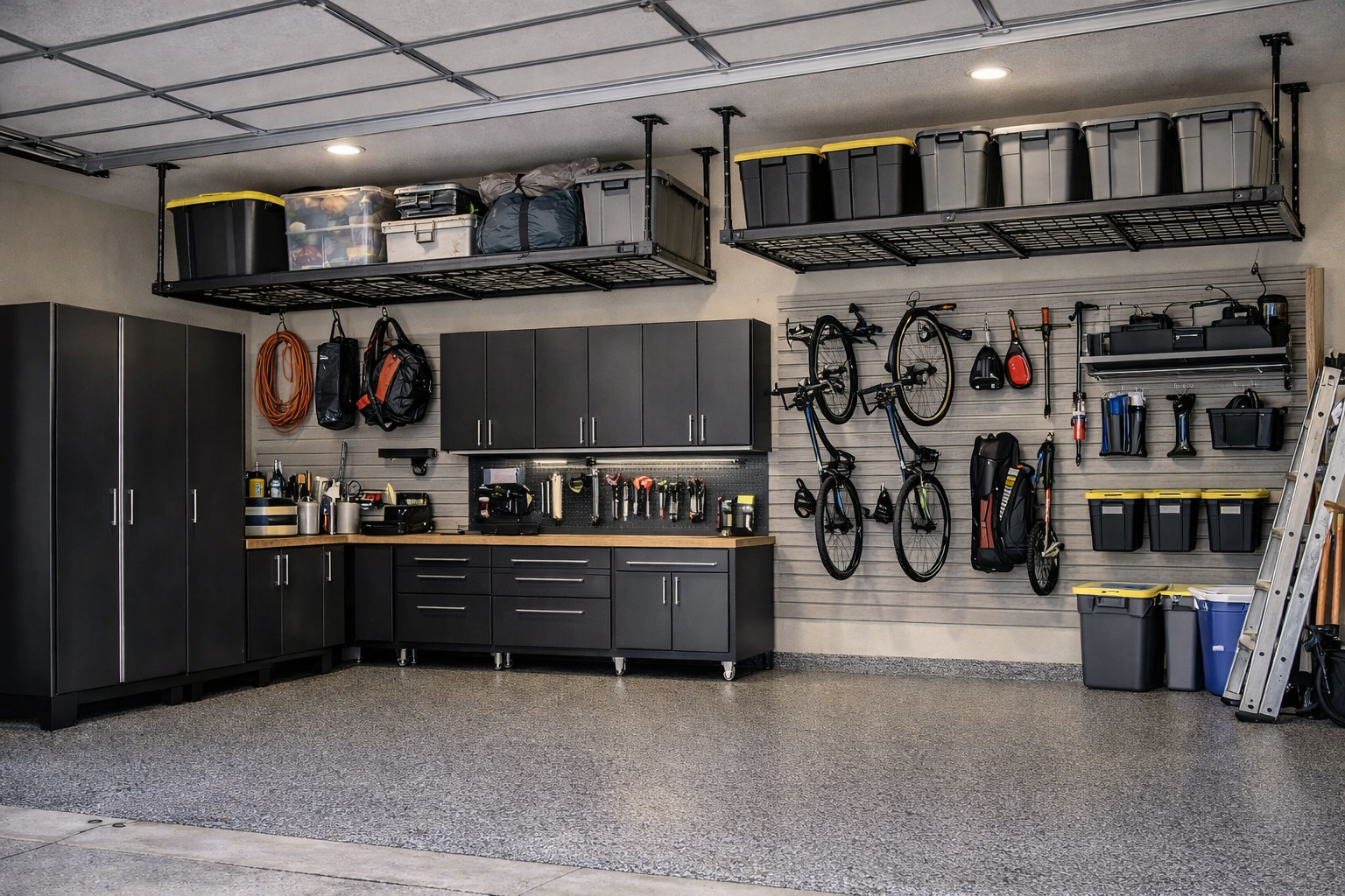 Complete garage storage system with racks and slatwall