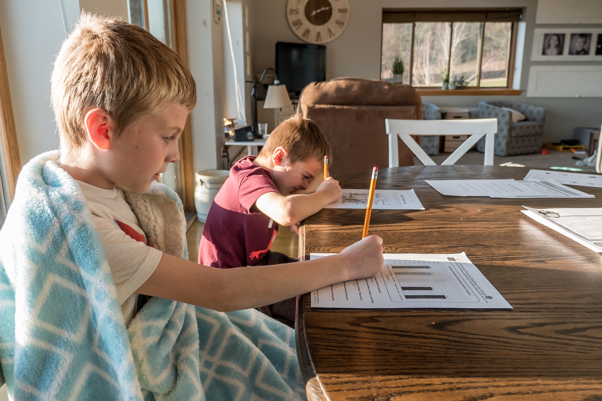 two brothers doing their school work at home