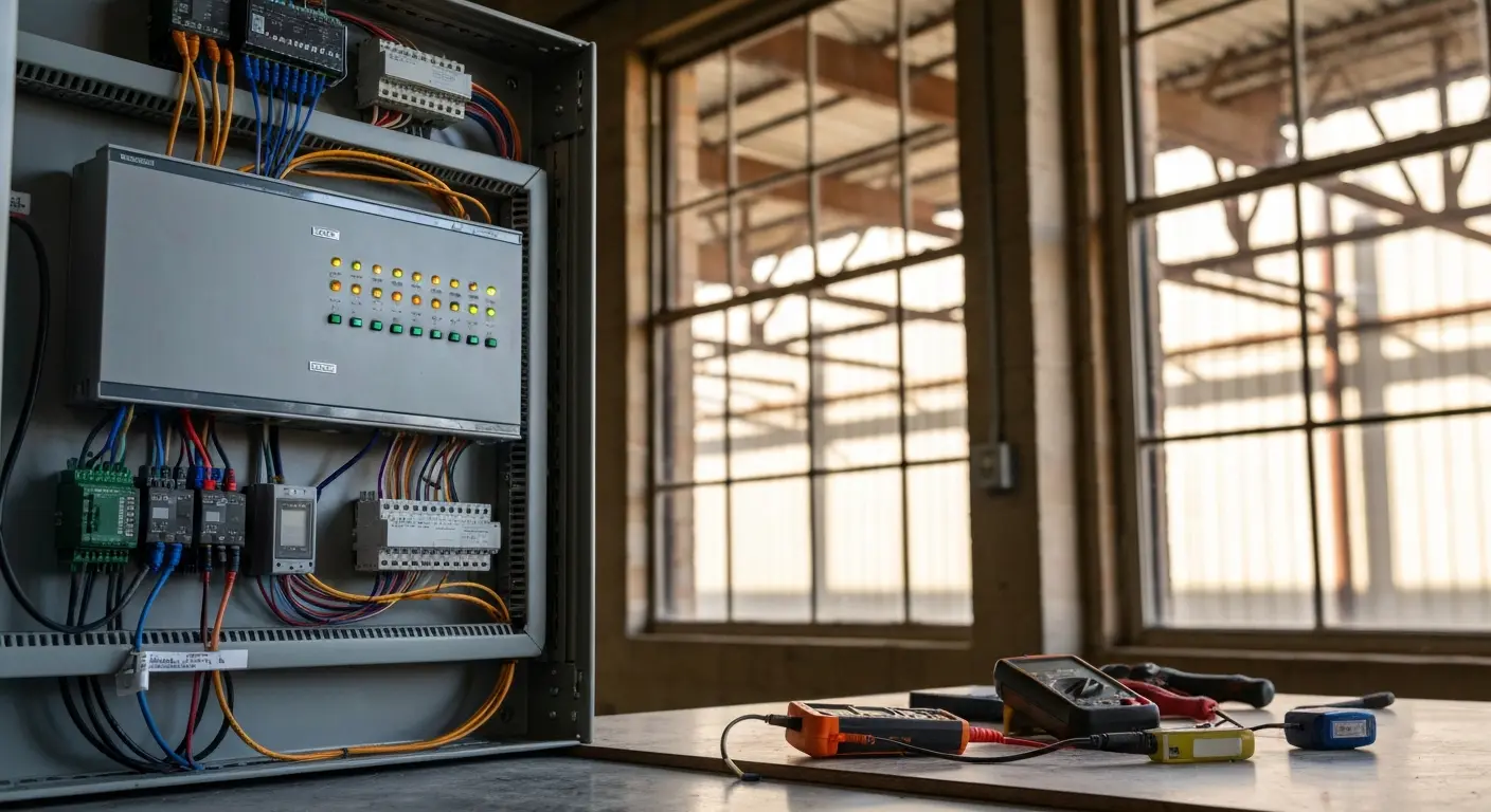 Technician performing security system maintenance