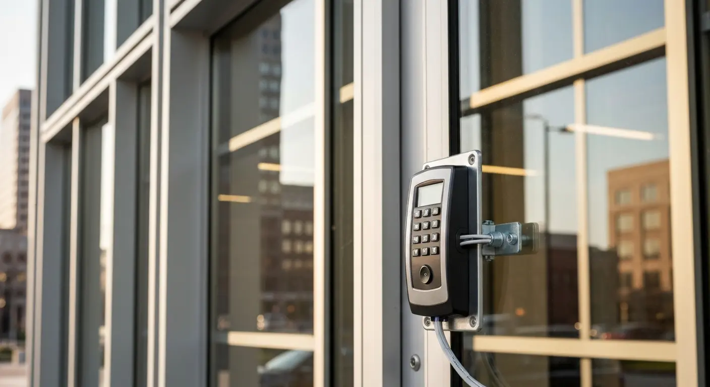 Access control keypad at downtown building entrance