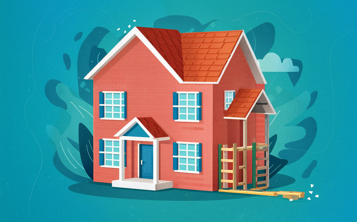 An illustration showing a smiling man in a suit standing in front of a colorful house under renovation, with construction tools and materials scattered around, and a chalkboard displaying various fix and flip loan-related topics like fees, permits, and costs.