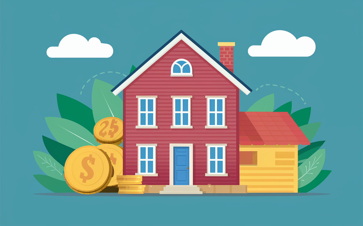 An illustration of a red two-story house with a yellow garage, surrounded by green leaves and golden coin stacks, symbolizing financing options for home renovation or fix-and-flip projects.