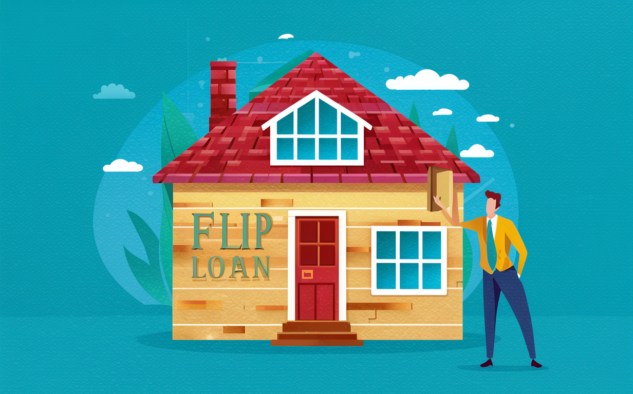 An illustration of a two-story residential house with a red roof, wooden exterior, and green trees on a blue background, representing a property suitable for fix and flip loans.