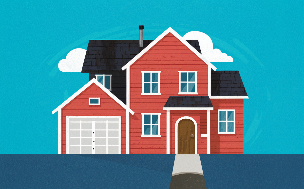 An illustration depicting a wooden house with a red triangular roof and the text 'Flip Loan' written on it. A person in casual clothing is standing next to the house, with trees and clouds in the background.