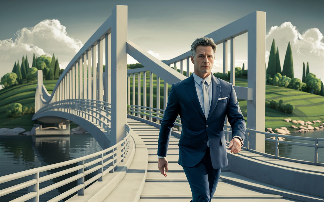 A well-dressed businessman in a suit walking confidently on a bridge surrounded by a lush, green landscape with clouds in the sky and water reflections below