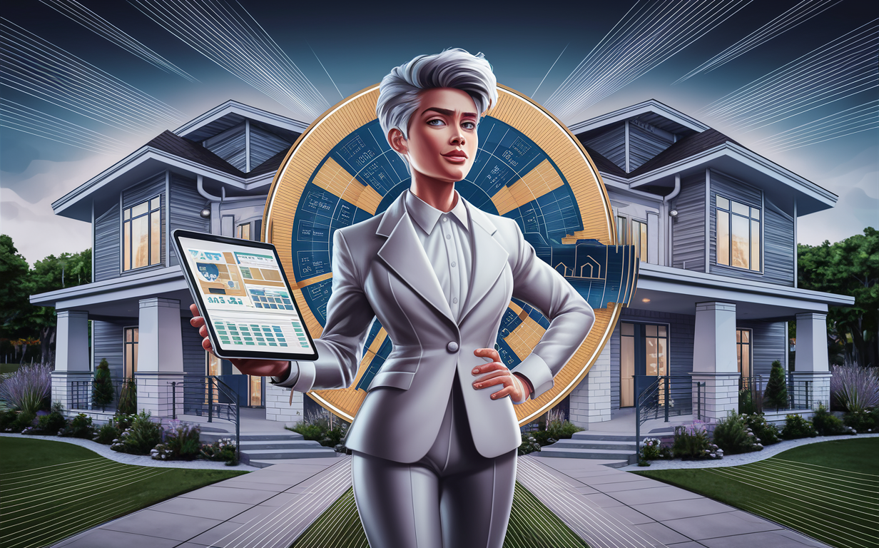 An illustration depicting a smartly-dressed person analyzing data on a tablet while surrounded by energy waves and suburban homes, symbolizing tailored financing solutions for real estate investment and property flipping.