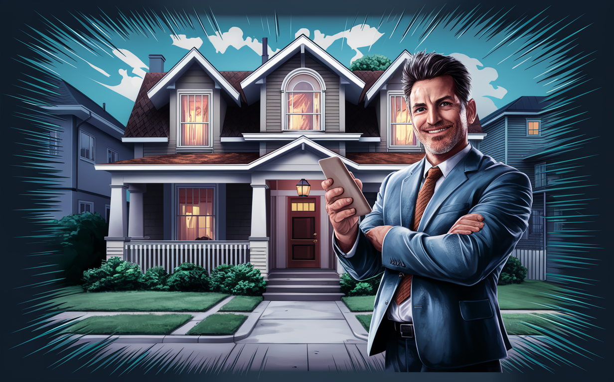 An illustration depicting a well-dressed real estate professional showcasing tailored financing solutions on a digital tablet, surrounded by modern residential properties, architectural blueprints, and design elements representing fix and flip real estate investments.